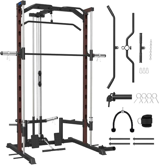 FAGUS Smith Machine Home Gym Power Cage with Pulley System, Space Saving Design Squat Rack with Full Body Strength Training Attachments, PEC Station & Fixed Cable Crossover Optional