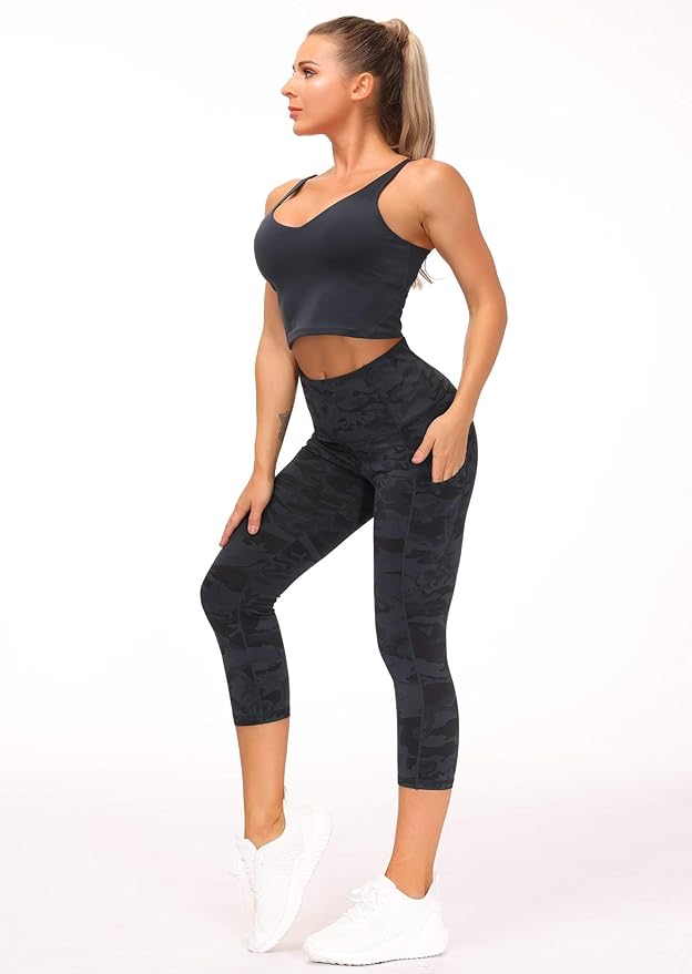 THE GYM PEOPLE Thick High Waist Capris Yoga Pants with Pockets, Tummy Control Workout Running Yoga Leggings for Women