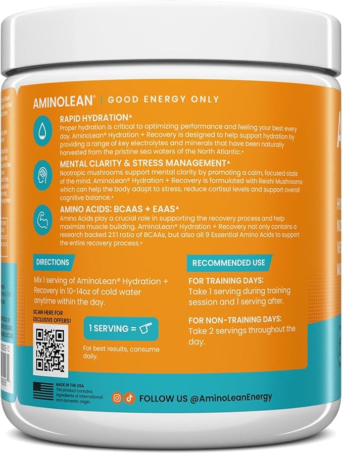 AminoLean Hydrating Electrolyte Powder and Recovery Drink with Sea Minerals, Nootropic Mushrooms, and Vegan Amino Acids, BCAAs + EAAs for Post Workout Muscle Building, Orange Splash