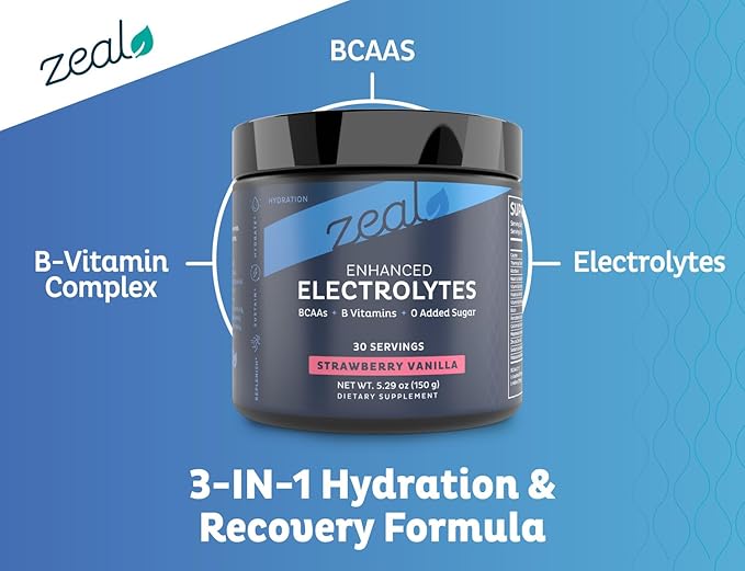 Zeal Electrolyte Powder Recovery Drink (30 Servings | Strawberry Vanilla) w 0 Sugar +BCAAs +B-Vitamins Electrolyte Supplement w Potassium Zinc & Magnesium