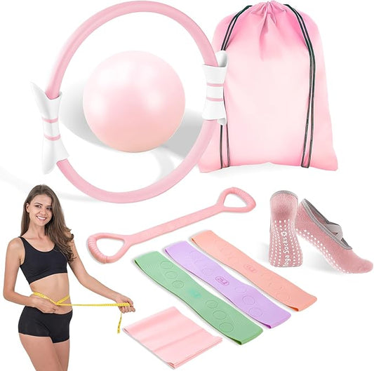 Luscinia Pilates Equipment Kit for Women Home Pilates Essentials Set with 14" Pilates Ring Circle 7" Pilates Ball Pilates Resistance Bands Figure 8 Band and Accessories Pink Pilates Kit for Beginners