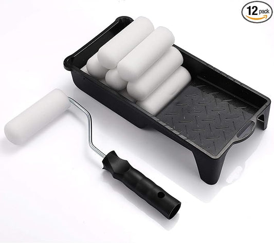Foam Paint Roller, Roller Frame with 4-Inch Mini Paint Roller Cover Refills with Foam-Covered Ends, High-Density Foam Paint Tray Set for Room Home Repair Mini Paint Kits(12 Piece)