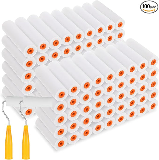 100 Pcs 4 Inch Foam Paint Roller with 2 Handles, Mini High Density Foam Roller Refills Paint Edger Tool for Walls Brings Smooth Finishes Flat Surfaces (White)