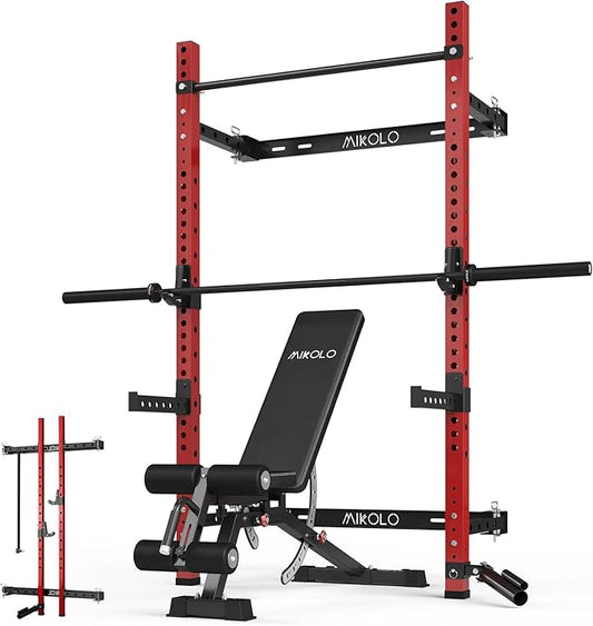 Mikolo 2" x 2" Folding Wall Mounted Squat Rack, 1000 Pounds Capacity Power Rack with Pull Up Bar, J Hooks and Other Attachments, Space-Saving Home Gym