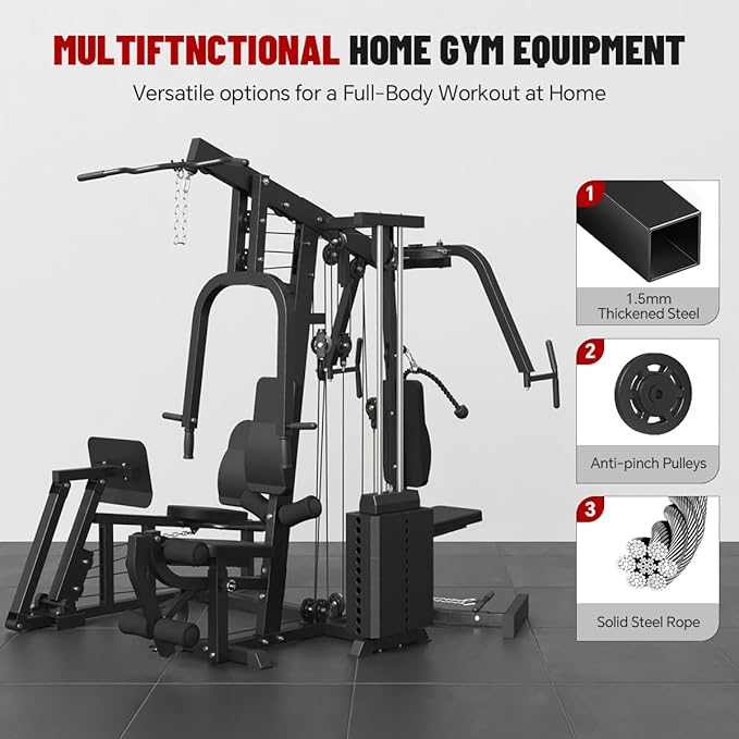 Multifunction Home Gym System Workout Station,Smith Machine with 100LB Weight Stack, Leg Press, LAT Station for Full Body Training (Home Gym Station)