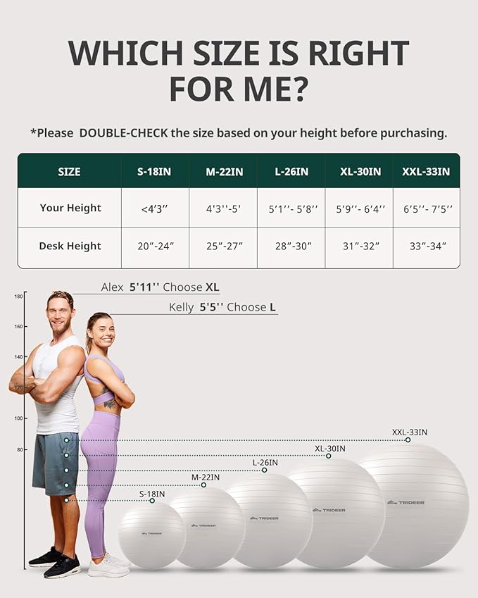 Trideer Extra Thick Yoga Ball Exercise Ball, 5 Sizes Gym Ball, Heavy Duty Ball Chair for Balance, Stability, Pregnancy, Quick Pump Included