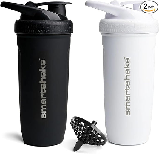 Smartshake Stainless Steel Protein Shaker Bottle for Protein Mixes 2 Pack, 30 oz | Leak Proof Shaker Cups for Protein Shakes | Blender Bottle Shaker | Protein Shaker Pack, Non-Insulated, Black & White