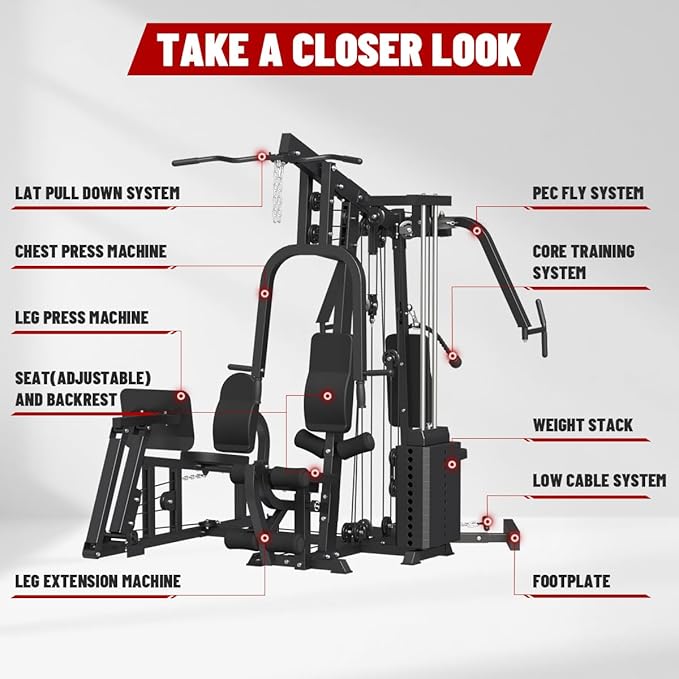 Multifunction Home Gym System Workout Station,Smith Machine with 100LB Weight Stack, Leg Press, LAT Station for Full Body Training (Home Gym Station)