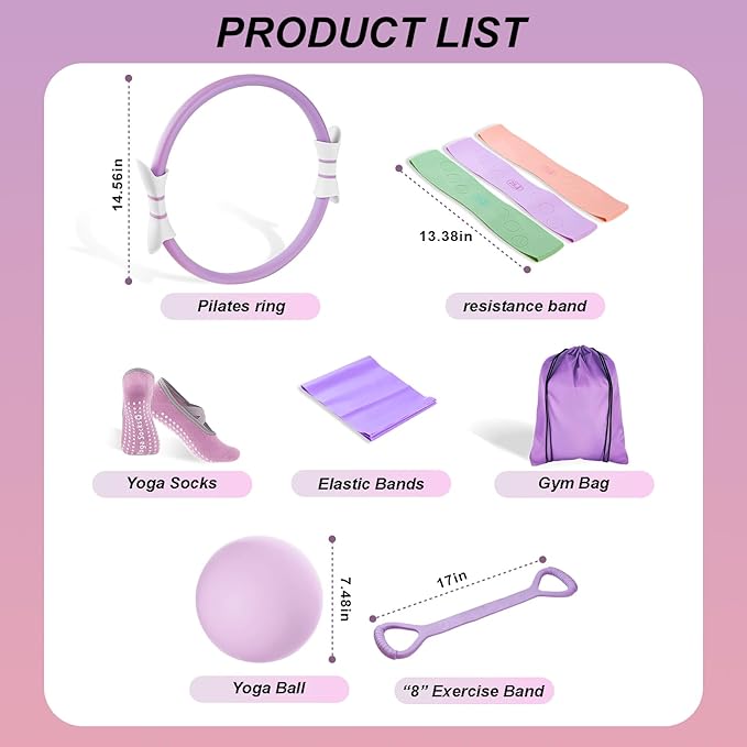 Luscinia Pilates Equipment Kit for Women Home Pilates Essentials Set with 14" Pilates Ring Circle 7" Pilates Ball Pilates Resistance Bands Figure 8 Band and Accessories Pink Pilates Kit for Beginners