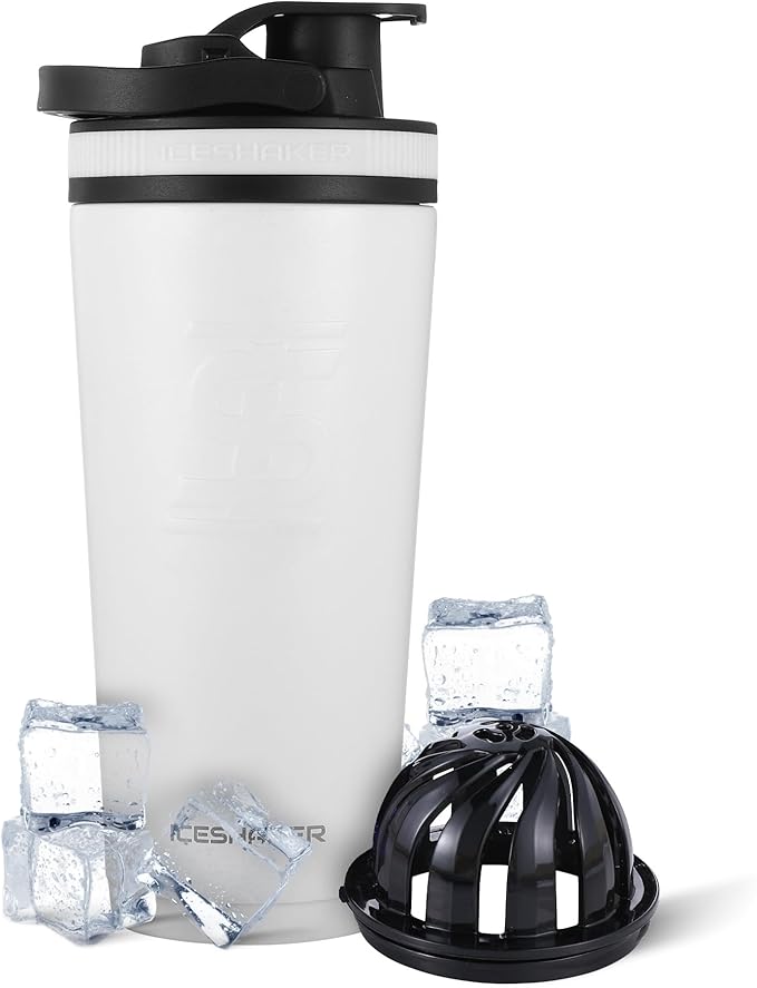 Ice Shaker Insulated Stainless Steel Shaker Bottle | 26oz, White | Cold for 30+ Hours | Insulated Cup with Twist-on Agitator | Odor-Free Bottle for Protein Shakes, Water, Smoothies, Cocktails