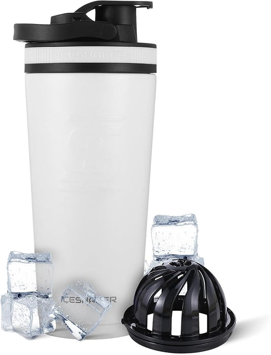Ice Shaker Insulated Stainless Steel Shaker Bottle | 26oz, White | Cold for 30+ Hours | Insulated Cup with Twist-on Agitator | Odor-Free Bottle for Protein Shakes, Water, Smoothies, Cocktails