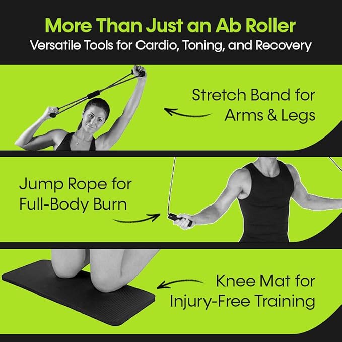 Ab Roller Wheel – 4-in-1 Ab Roller Kit with Knee Mat, Jump Rope & Resistance Band – Core & Abs Workout Equipment for Home Gym – Abdominal Exercise Wheel for Men & Women