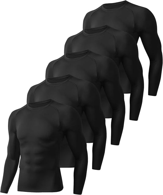 5 Pack Long Sleeve Compression Shirts for Men - Black Quick Dry Workout Base Layer Undershirt Top for Athletic Gym Running
