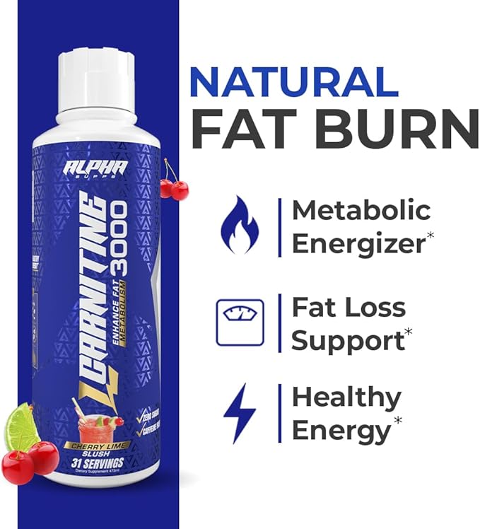 Alpha Supps L Carnitine Liquid 3000 | Stimulant-Free L-Carnitine Supplement for Men & Women | Pre-Workout Energy Boost & Muscle Recovery | Zero Sugar, Fat, & Carbs | 31 Servings (Cherry Lime Slush)