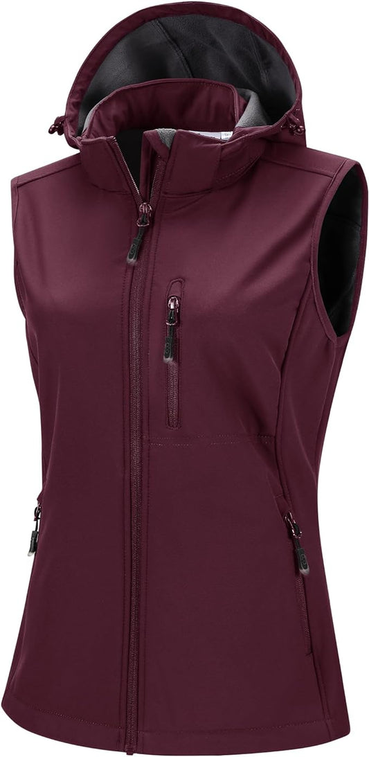 33,000ft Women's Hooded Lightweight Softshell Vest Fleece Lined Windproof Zip Up Sleeveless Jacket for Hiking Golf Running