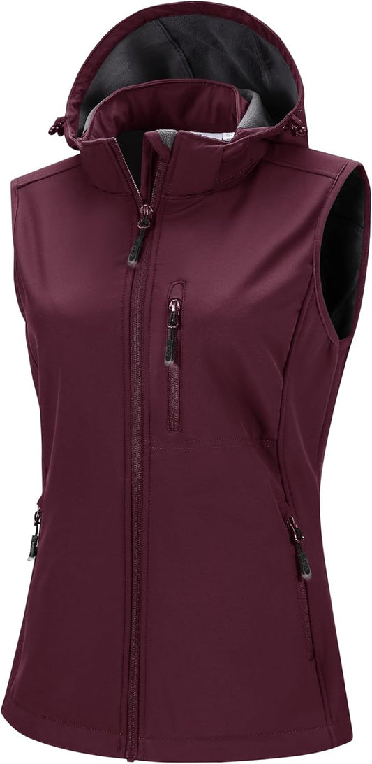 33,000ft Women's Hooded Lightweight Softshell Vest Fleece Lined Windproof Zip Up Sleeveless Jacket for Hiking Golf Running