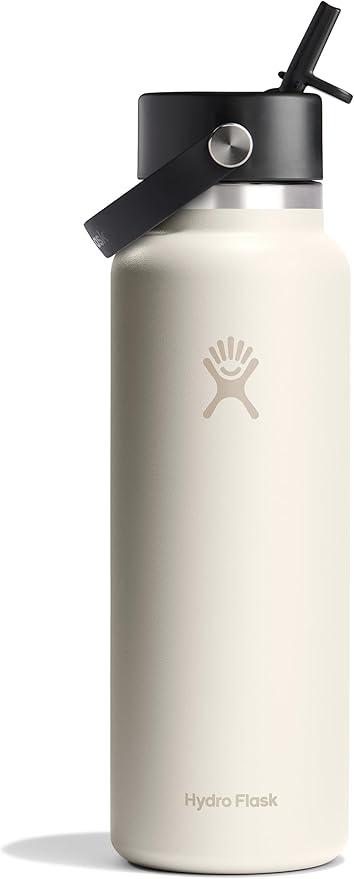 Hydro Flask Water Bottle - Insulated Stainless Steel - Wide Mouth Flex Straw Lid, Non Spill, Leakproof and Refillable in 40 Oz Ivory