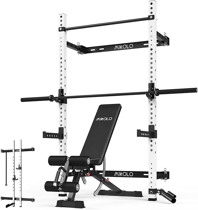 Mikolo 2" x 2" Folding Wall Mounted Squat Rack, 1000 Pounds Capacity Power Rack with Pull Up Bar, J Hooks and Other Attachments, Space-Saving Home Gym
