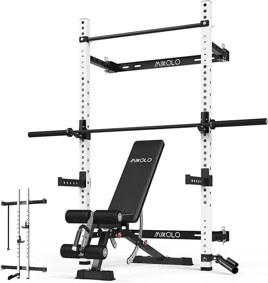 Mikolo 2" x 2" Folding Wall Mounted Squat Rack, 1000 Pounds Capacity Power Rack with Pull Up Bar, J Hooks and Other Attachments, Space-Saving Home Gym