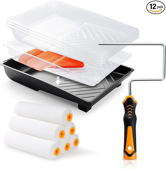 12 Pcs 6 Inch Paint Roller Kit with High-Density Foam Paint Roller, Paint Tray with Liner, Mini Roller for Painting Wall, Door, Cabinet