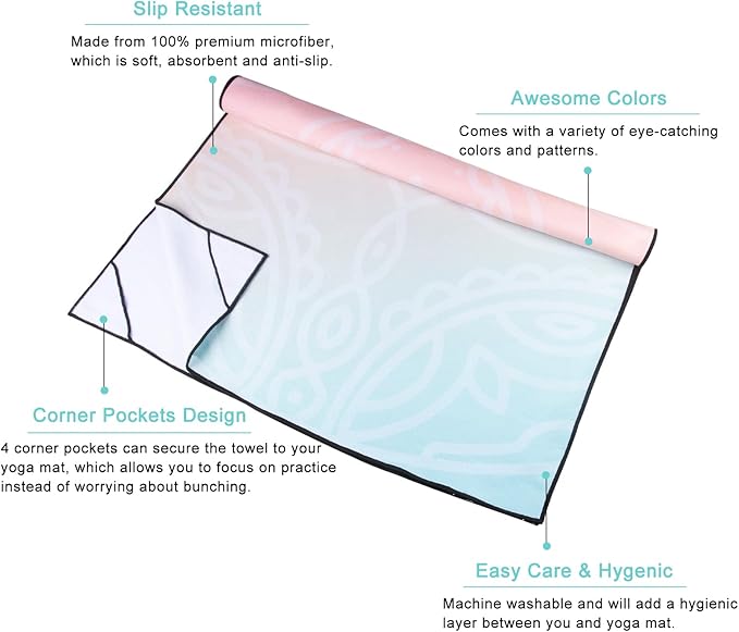 QiyI Yoga Mat Towel with Corner Pockets, Non Slip Sweat Absorbent Hot Yoga Towels, Soft Yoga Blankets with Travel Bag, Skidless Mat Cover for Workout, Gym, Fitness - 70"x26", Dreamy Pink Mandala