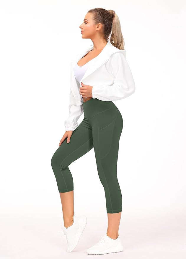 THE GYM PEOPLE Thick High Waist Capris Yoga Pants with Pockets, Tummy Control Workout Running Yoga Leggings for Women