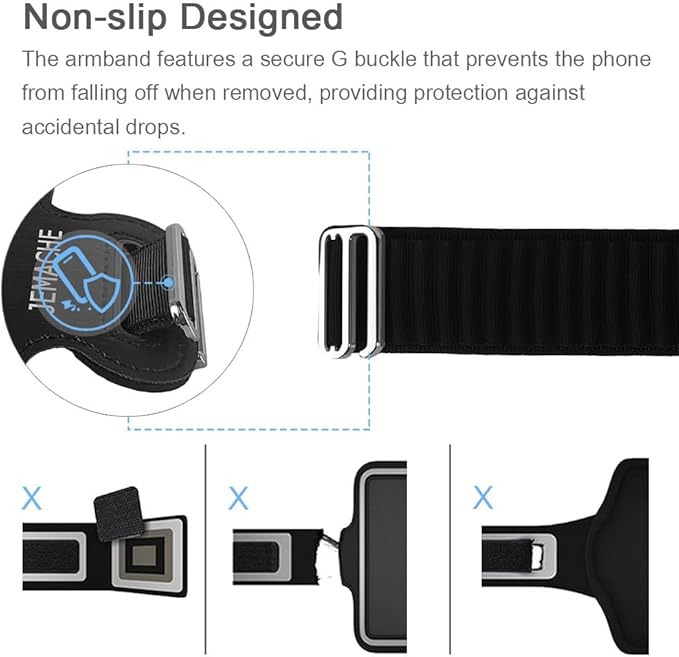 JEMACHE Slim Running Phone Armband for iPhone 17 16 15 14 13 Pro Max, Samsung Galaxy S25 S24 S23 S22 Ultra/Plus with Earphone Holder (Black) L