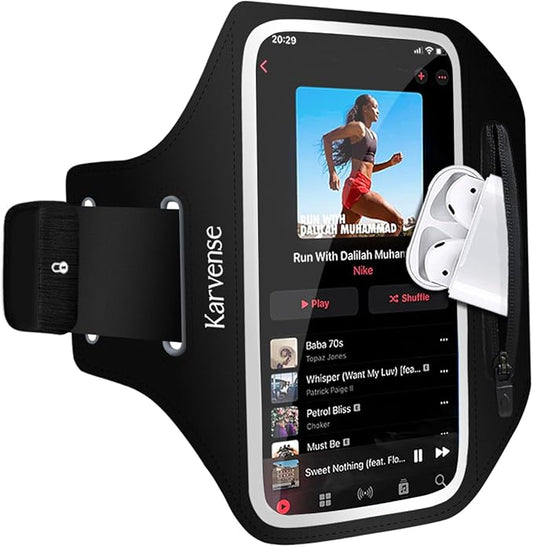 Running Phone Holder, Arm Band for Running for iPhone & Samsung Galaxy, Cell Phone Armband Holder for Walking, Gym, Workout, Men, Women, w/Adjustable Strap & Zipper Pocket (Black-L)