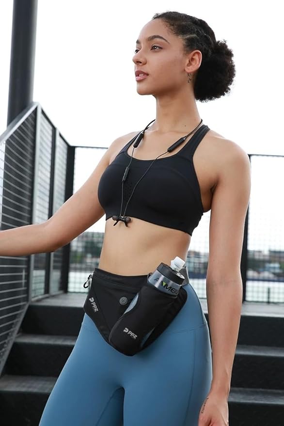 PPZ sports waist bag with bottle rack, waterproof, 2 pockets, adjustable belt - suitable for running, fitness, jogging and outdoor activities (blue)