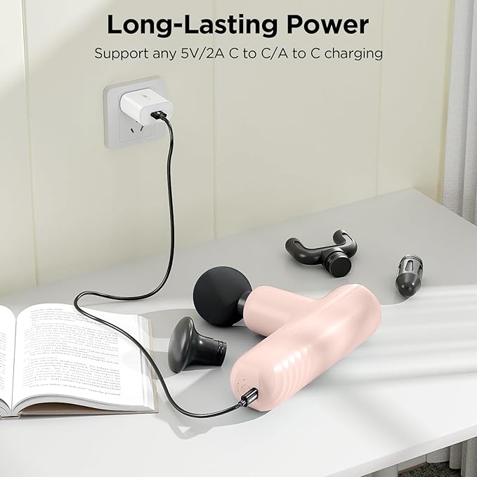 Mini Massage Gun, Powerful Handheld Muscle Massager for Back Pain Relief, Deep Tissue Percussion Small Massage Gun Travel Massager with 4 Massage Heads Silent Brushless Motor, Pink