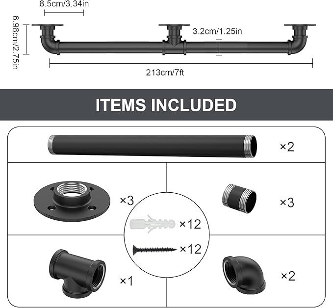 7FT Industrial Stair Railing Wall Mount Staircase Handrail φ1.3" Pipe Hand Rail for Steps Grab Bar Foot Rail Vintage Pipe Railing Black Deck Handrail for Outdoor Indoor Stairs Porch
