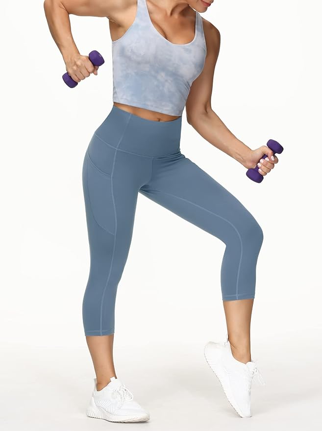 THE GYM PEOPLE Thick High Waist Capris Yoga Pants with Pockets, Tummy Control Workout Running Yoga Leggings for Women