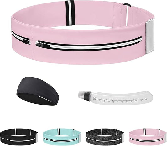 Running Belt with Water Bottle & Headband, No-Bounce Hydration Belt Adjustable Reflective Waterproof Fanny Pack for Women & Men, Fits All Phones (M-Pink)