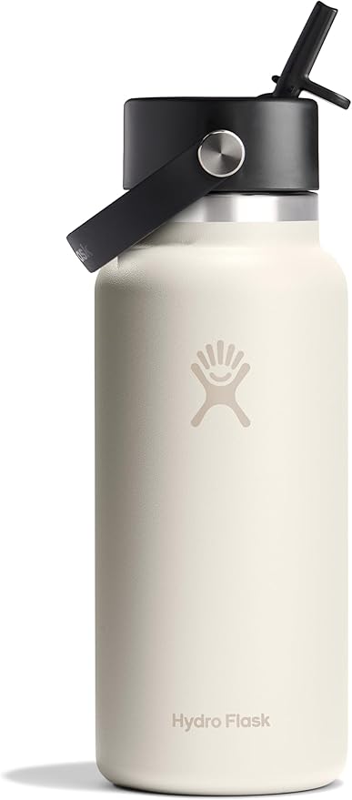 Hydro Flask Water Bottle - Insulated Stainless Steel - Wide Mouth Flex Straw Lid, Non Spill, Leakproof and Refillable in 32 Oz Ivory