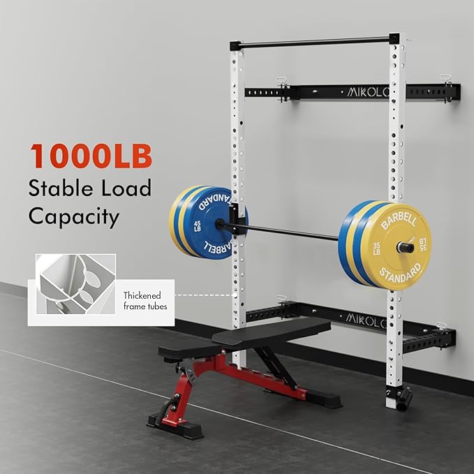 Mikolo 2" x 2" Folding Wall Mounted Squat Rack, 1000 Pounds Capacity Power Rack with Pull Up Bar, J Hooks and Other Attachments, Space-Saving Home Gym