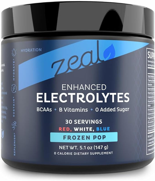 Zeal Electrolyte Powder Recovery Drink (30 Servings | Red White Blue Frozen Pop) w 0 Sugar +BCAAs +B-Vitamins Electrolyte Supplement w Potassium Zinc & Magnesium