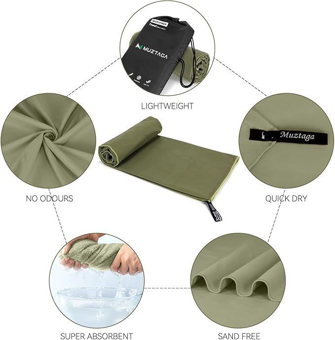 Microfiber Beach Towel Perfect for Travel, Sports, Camping, Swimming, Yoga, Gym-Quick Dry, Sand Free, Compact, Lightweight, Absorbent(Army Green,X-Large(200x90cm, 78x35”))