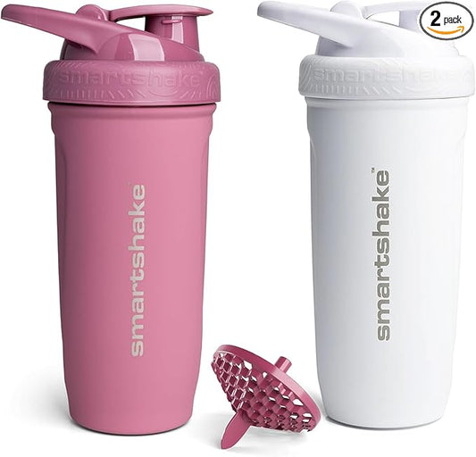 Smartshake Stainless Steel Protein Shaker Bottle for Protein Mixes 2 Pack, 30 oz | Leak Proof Shaker Cups for Protein Shakes | Blender Bottle Shaker | Protein Shaker Pack, Non-Insulated, White & Pink