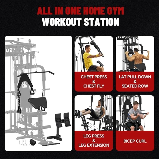 All in One Home Gym System Workout Station, Multi-Function Smithe Machine Power Cage with Cable Crossover System, Tripe-Sided Independent Load Posts, Functional Trainer for Full Body Training