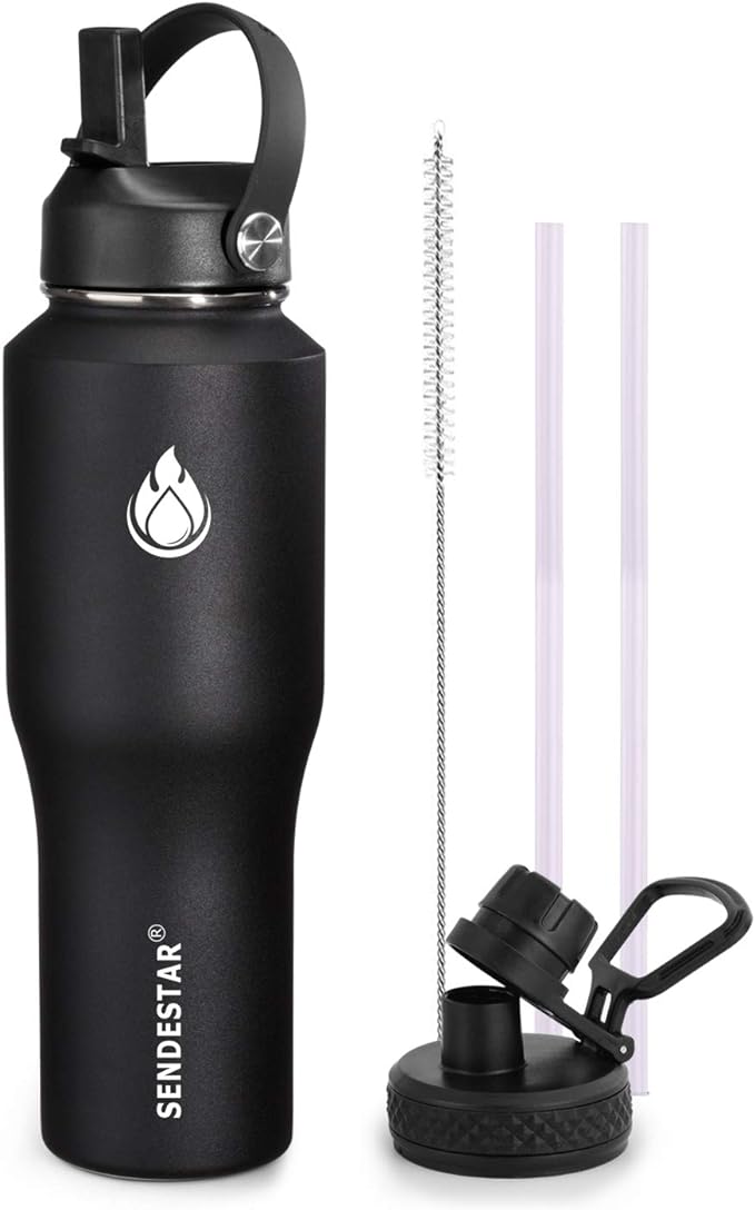SENDESTAR Water Bottle 32oz,Wide Mouth Stainless Steel Vacuum Insulated Double Wall Keep Liquids Cold or Hot All Day,Sweat Proof Sport Design,Fit Car Cup Holder,2 Lids(Straw and Spout lid)(Black)
