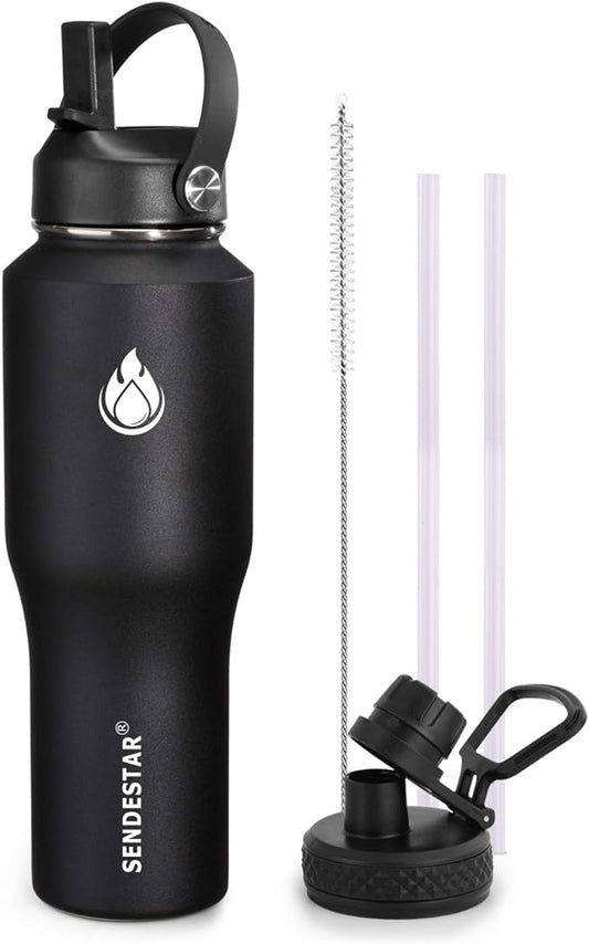SENDESTAR Water Bottle 32oz,Wide Mouth Stainless Steel Vacuum Insulated Double Wall Keep Liquids Cold or Hot All Day,Sweat Proof Sport Design,Fit Car Cup Holder,2 Lids(Straw and Spout lid)(Black)