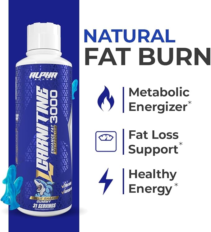 Alpha Supps L Carnitine Liquid 3000 | Stimulant-Free L-Carnitine Supplement for Men & Women | Pre-Workout Energy Boost & Muscle Recovery | Zero Sugar, Fat, & Carbs | 31 Servings (Blue Gummy)