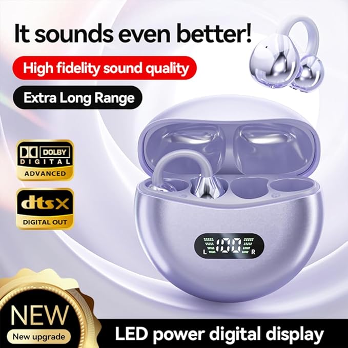 Clip-on Earbuds,Open Ear Earbuds Wireless Bluetooth 5.4, Lightweight Open Ear Headphones with C-Shaped Bridge,Slim Hook,60H Battery,Waterproof,for Glasses Wearers and Workouts (Purple)