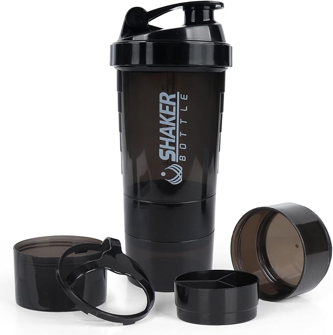 Shaker Bottle, Leak Proof Shaker Bottle for Protein Mixes,16oz 3 Layer Twist Off Cup with Pill & Supplement Storage, Gym Sports Cup for Protein Powder, Black