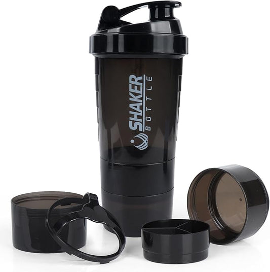 Shaker Bottle, Leak Proof Shaker Bottle for Protein Mixes,16oz 3 Layer Twist Off Cup with Pill & Supplement Storage, Gym Sports Cup for Protein Powder, Black