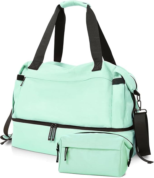 Gym Bag for Female, Weekender Bags for Women with Shoes Compartment, Personal Item Travel Duffel Bag with Wet Pocket & USB Charging Port, Carry On Bag for Women, Travel, Gym, Weekend (Light green)