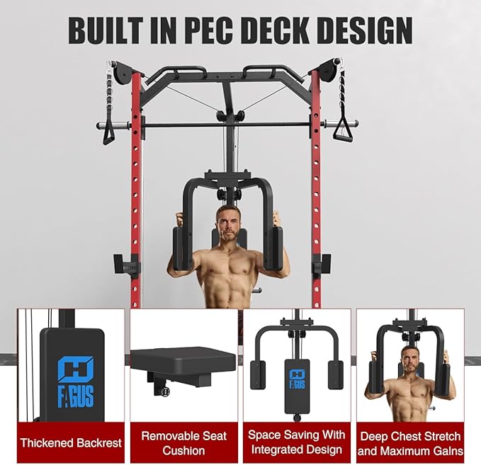 FAGUS Smith Machine Home Gym Power Cage with Pulley System, Space Saving Design Squat Rack with Full Body Strength Training Attachments, PEC Station & Fixed Cable Crossover Optional