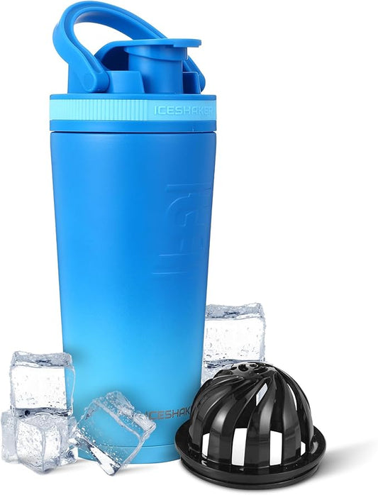 Ice Shaker Insulated Stainless Steel Shaker Bottle | 26oz, Blue Color Rush | Cold for 24+ Hours | Insulated Cup with Twist-on Agitator | Odor-Free Bottle for Shakes, Water, Smoothies, Cocktails