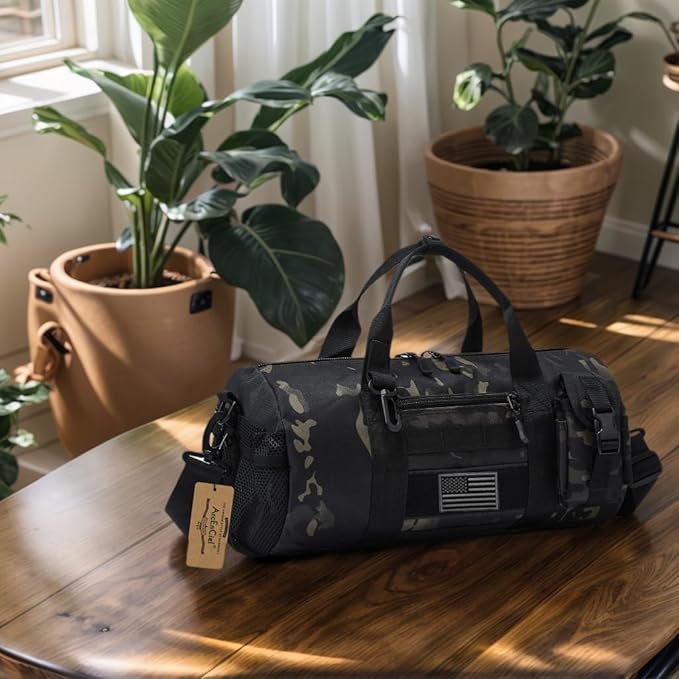 ArcEnCiel Small Tactical Duffle Bag Men Gym Pack Military Molle Shoulder Bags Shoes Storage Sports Handbag with Patch (Black Camo)