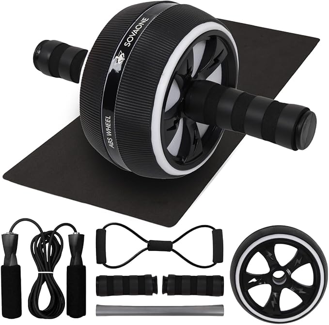 Ab Roller Wheel – 4-in-1 Ab Roller Kit with Knee Mat, Jump Rope & Resistance Band – Core & Abs Workout Equipment for Home Gym – Abdominal Exercise Wheel for Men & Women